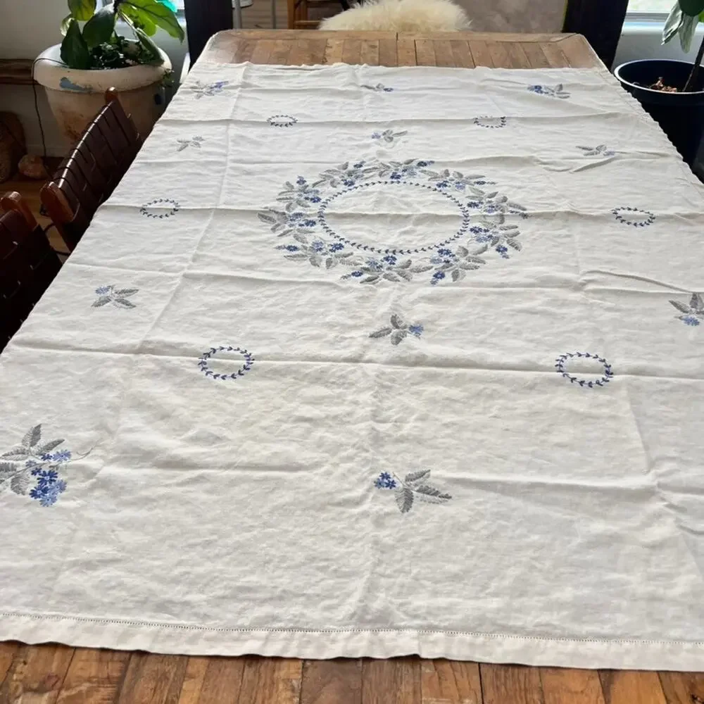 Antique Linen Tablecloth Blue & White Florals Hand Embroidered 64.5 x 47